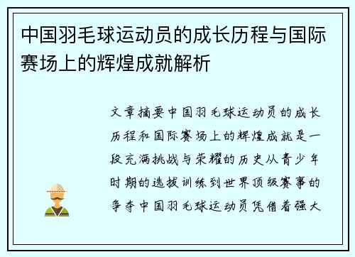 中国羽毛球运动员的成长历程与国际赛场上的辉煌成就解析