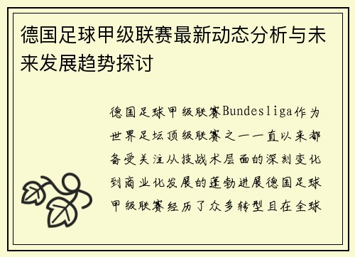 德国足球甲级联赛最新动态分析与未来发展趋势探讨