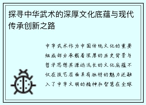 探寻中华武术的深厚文化底蕴与现代传承创新之路