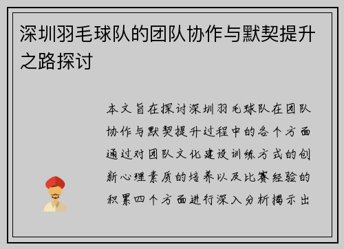 深圳羽毛球队的团队协作与默契提升之路探讨