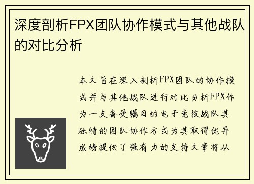 深度剖析FPX团队协作模式与其他战队的对比分析
